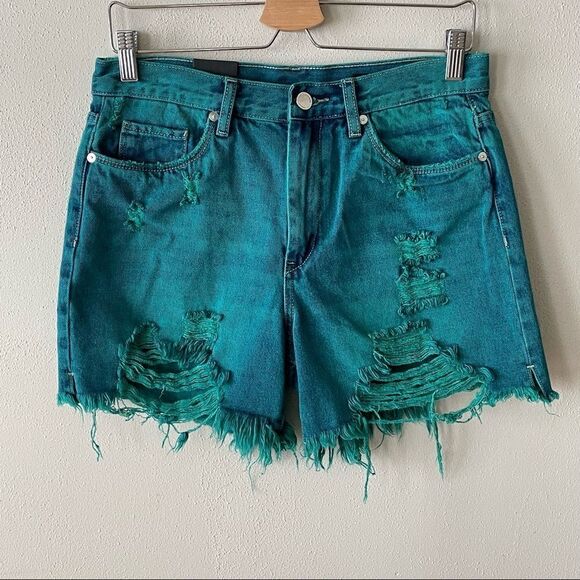 NWT Blank NYC Vintage High-Rise Blue Green Distressed Shorts - Picture 2 of 13